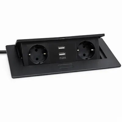 ჩასაშენებელი დენის ბლოკი 2 როზეტი + 2 USB, შავი, დახურვადი დაფით