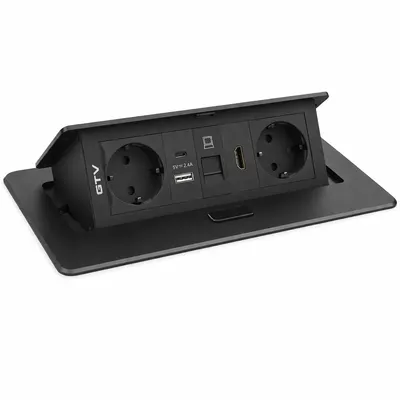 მაგიდაში ჩასაშენებელი Pop-Up როზეტის ბლოკი – 2x220V + USB + HDMI, შავი