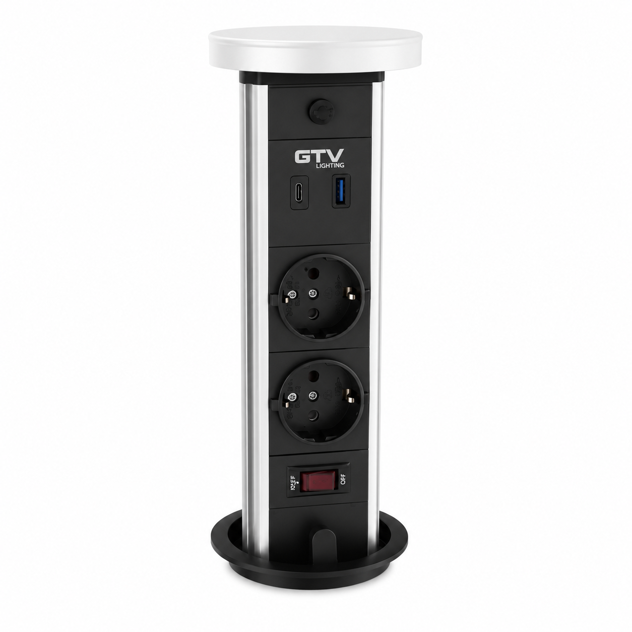 GTV Lighting ჩასაშენებელი ამოსაწევი დესკტოპის ელექტრო მოდული უსადენო დამტენით (Pop-Up Power Tower) – 2×220V, USB-A, USB-C, Wireless Charger, თეთრი