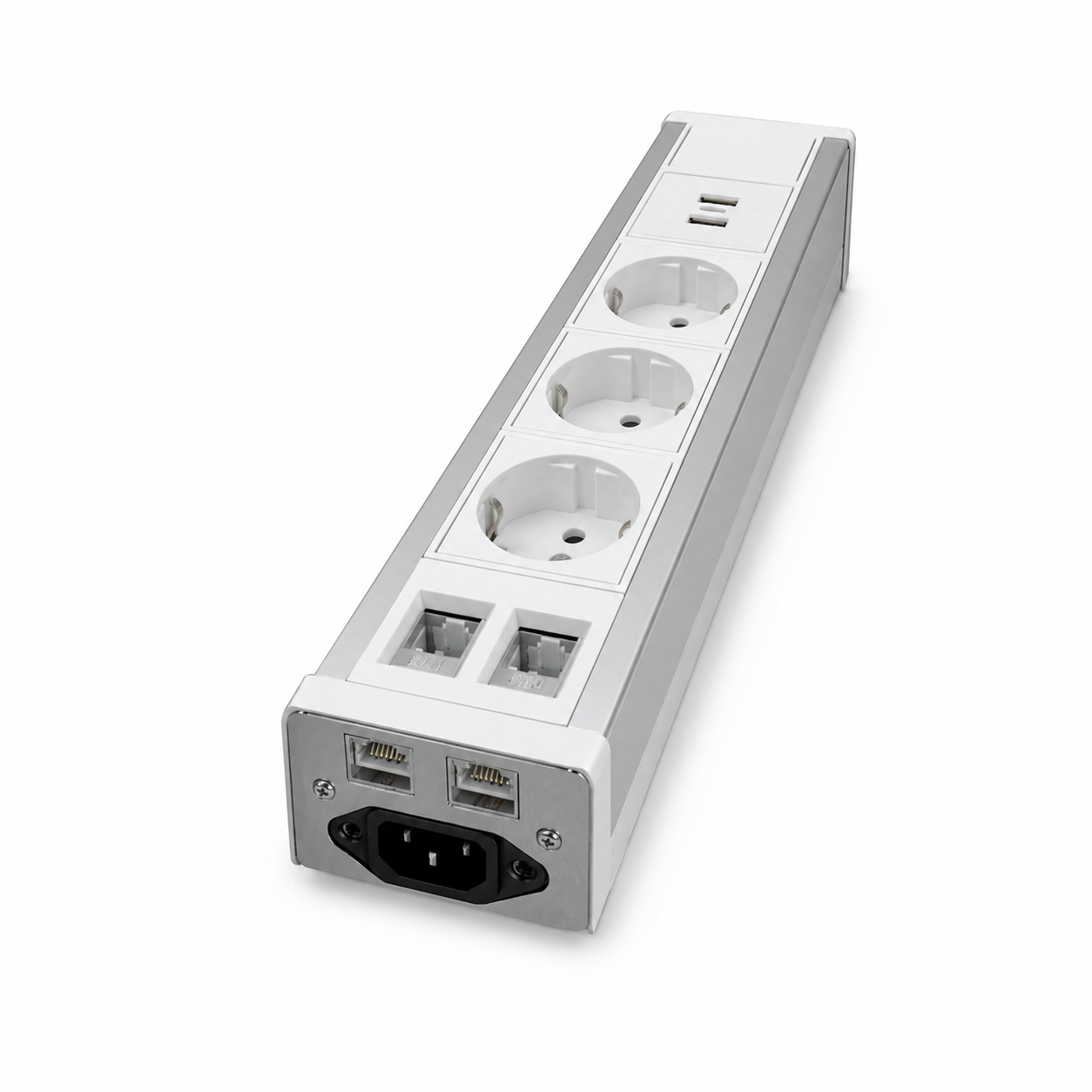 ჩასაშენებელი სამაგიდე ელექტრო მოდული – 3×220V Schuko, 2×USB, 2×RJ45 (ალუმინის კორპუსი)