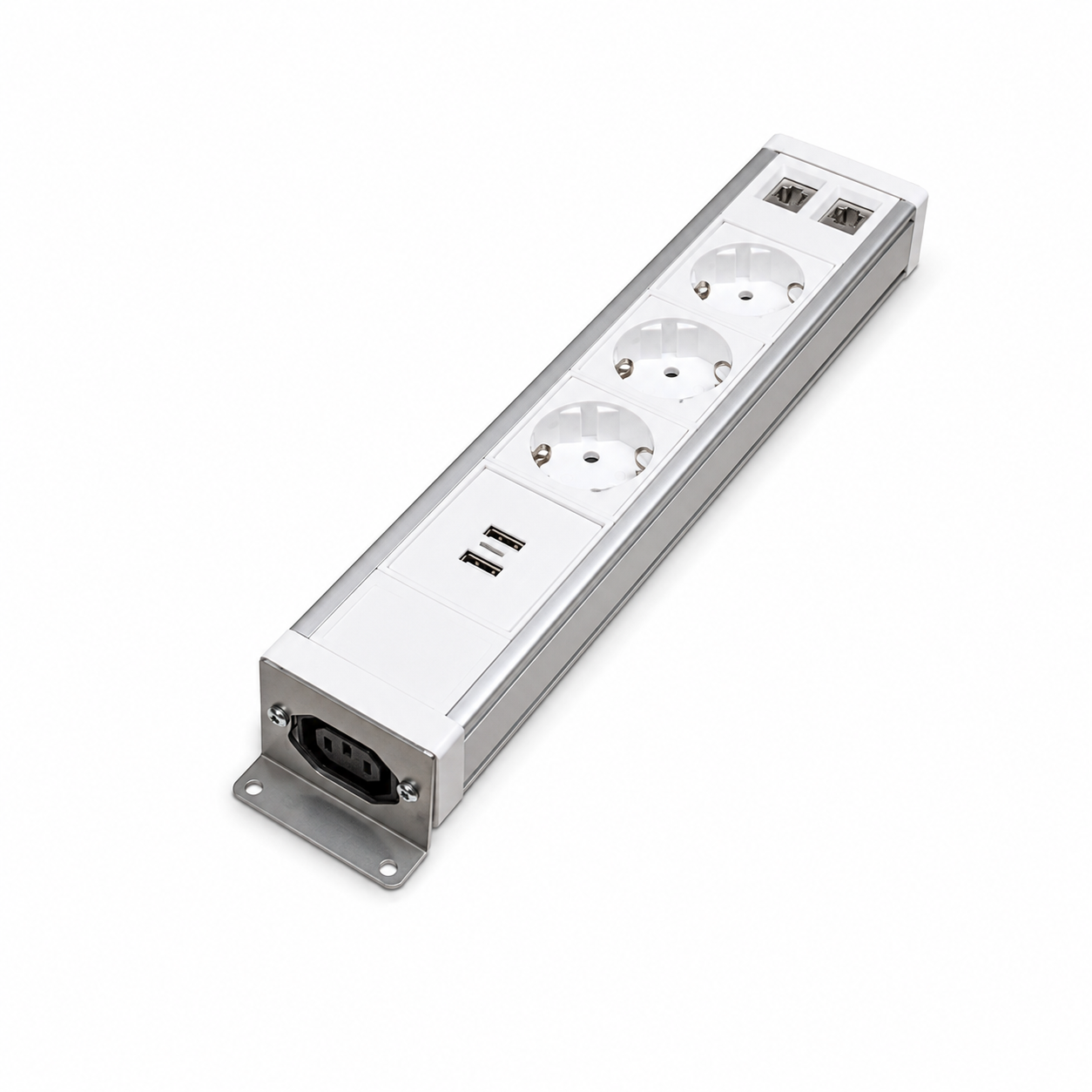 ჩასაშენებელი სამაგიდე ელექტრო მოდული – 3×220V Schuko, 2×USB, 2×RJ45 (ალუმინის კორპუსი)