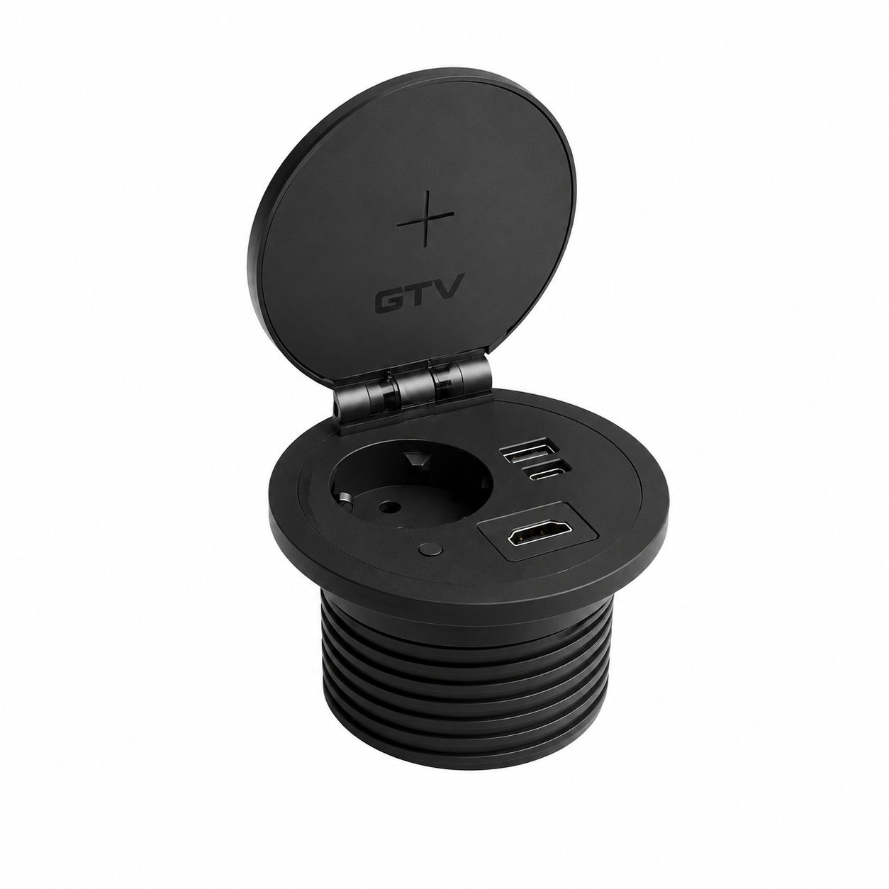 GTV ჩასაშენებელი მრგვალი ელექტრო მოდული – 220V როზეტი, USB-A, USB-C და HDMI (შავი)
